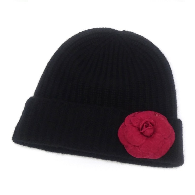 シャネル CHANEL ニット帽 カメリアブローチ付き ニットキャップ ビーニー AA7985 B07064 NG052 黒(66441)