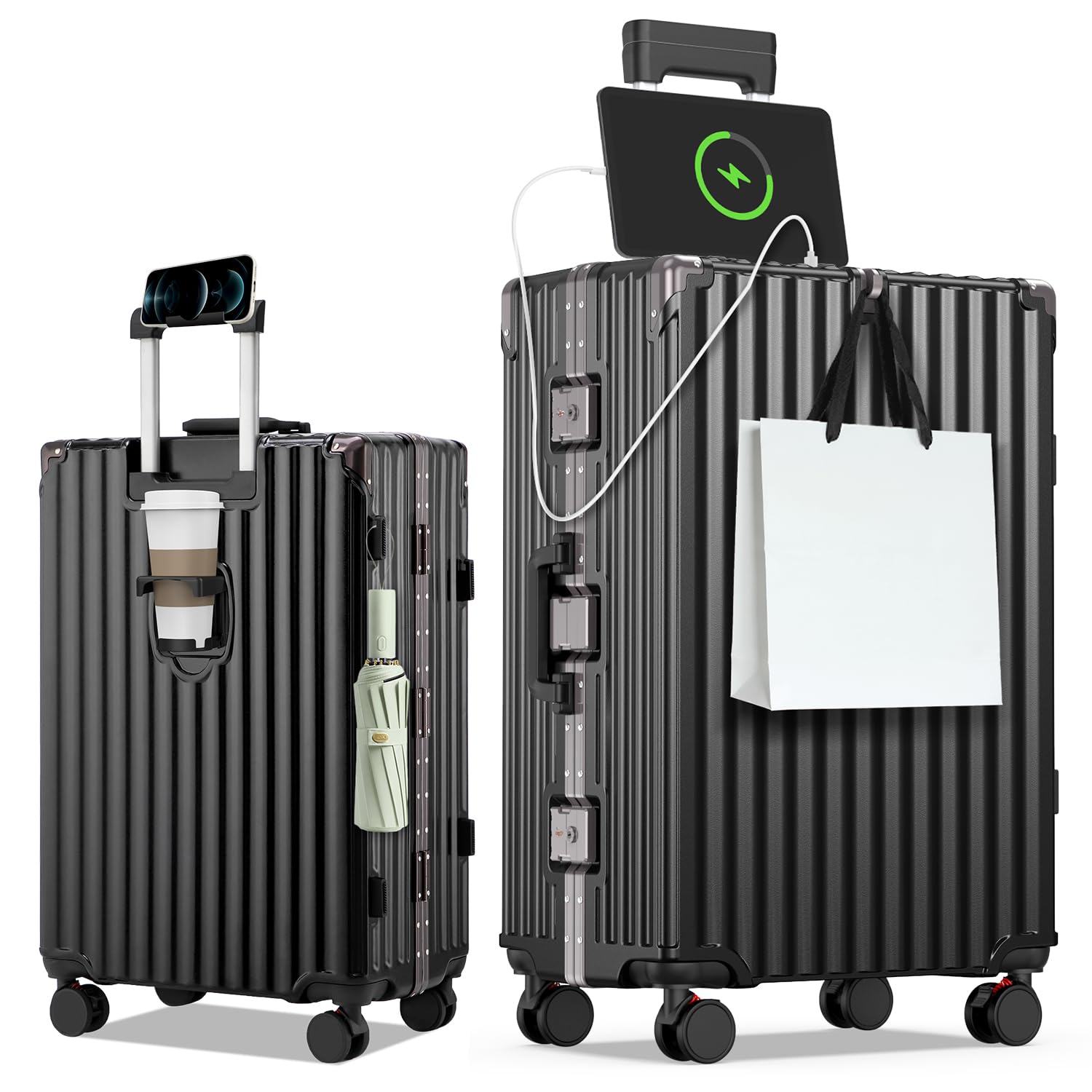 [Tanoka] スーツケース 機内持ち込み キャリーケース アルミフレーム タイプ ストッパー付き 大容量 耐衝撃 USBポート カップホルダー付き 隠しフック機能 360度回転キャスター 便利グッ