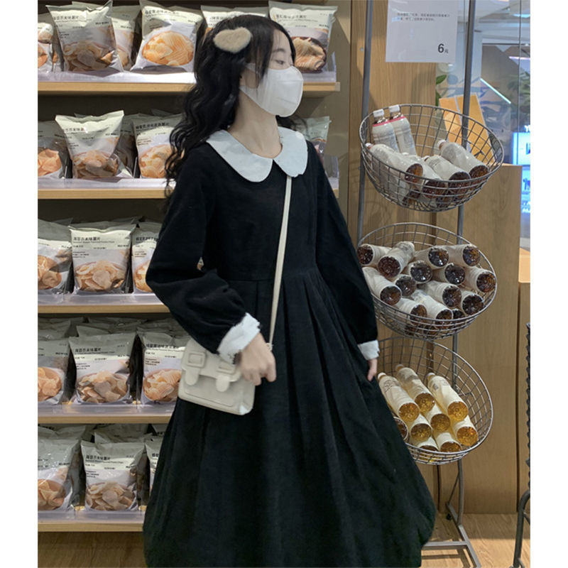 日本の甘い人形の襟のドレス女子学生ルーズカレッジスタイル小中長袖リトルブラックドレス シフォンワンピ 【返品交換不可】