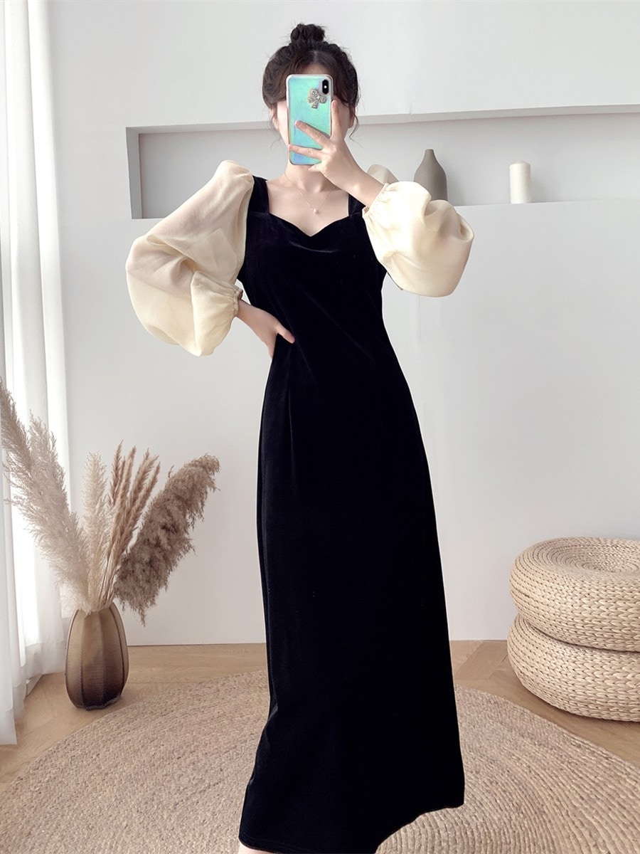 レディース ワンピース ロング 長袖 バルーン袖 スリム 切り替え ドッキング フェミニン バイカラー かわいい 大人可愛い きれいめ カジュアル 上品 おしゃれ エレガント ラブリー キュート