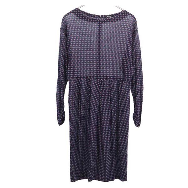 日本製 総柄 長袖 ワンピース ネイビー系 バックジップ レディース