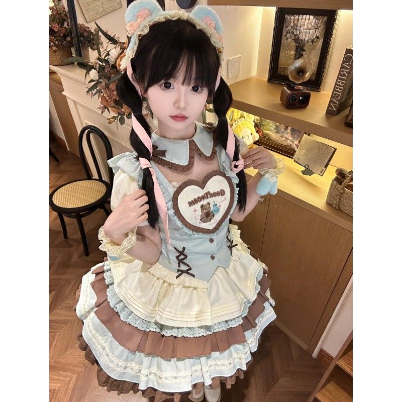 【今日限定】ロリータ風キュートで甘く若々しいパッチワークフリルウエストシャツ＆ハイウエストパフスリーブケーキスカート少女セット