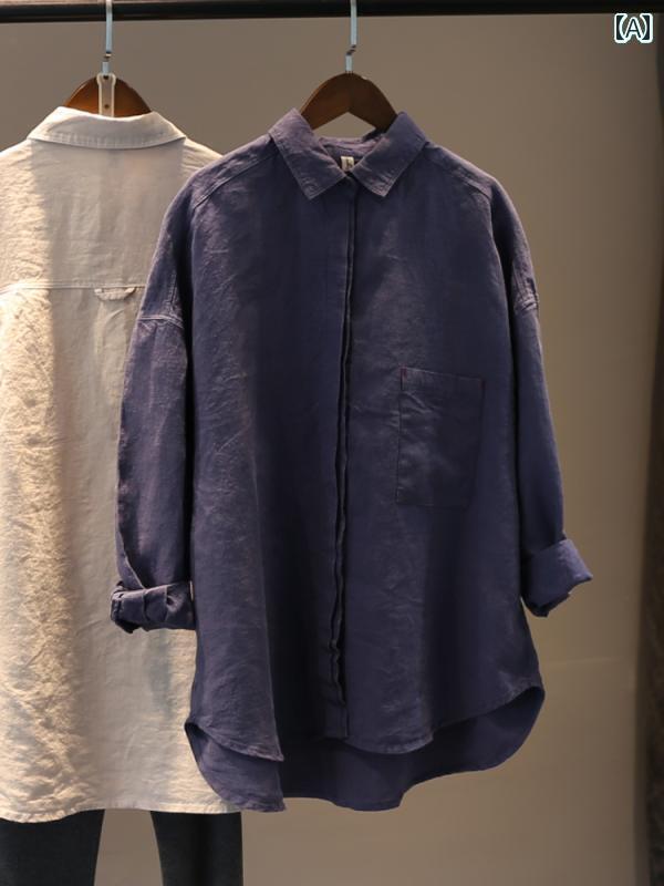 レディース　　シャツ　トップス 2025 春 快適 麻 通勤 ポロ カラー シャツ レディース 大きいサイズ 万能 無地 カジュアル 長袖 カーディガン