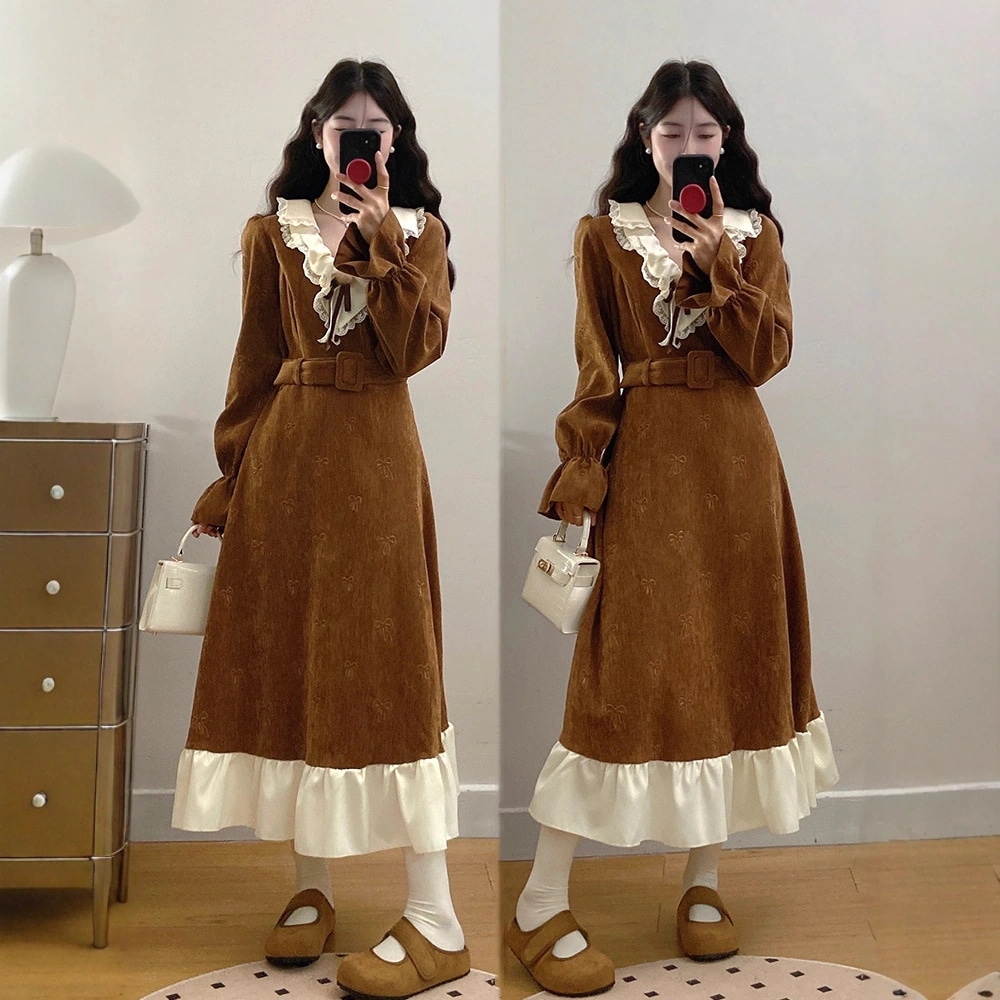 プラスサイズレディースレトロパッチワークロングドレス2025秋冬新デザインエレガントドレス