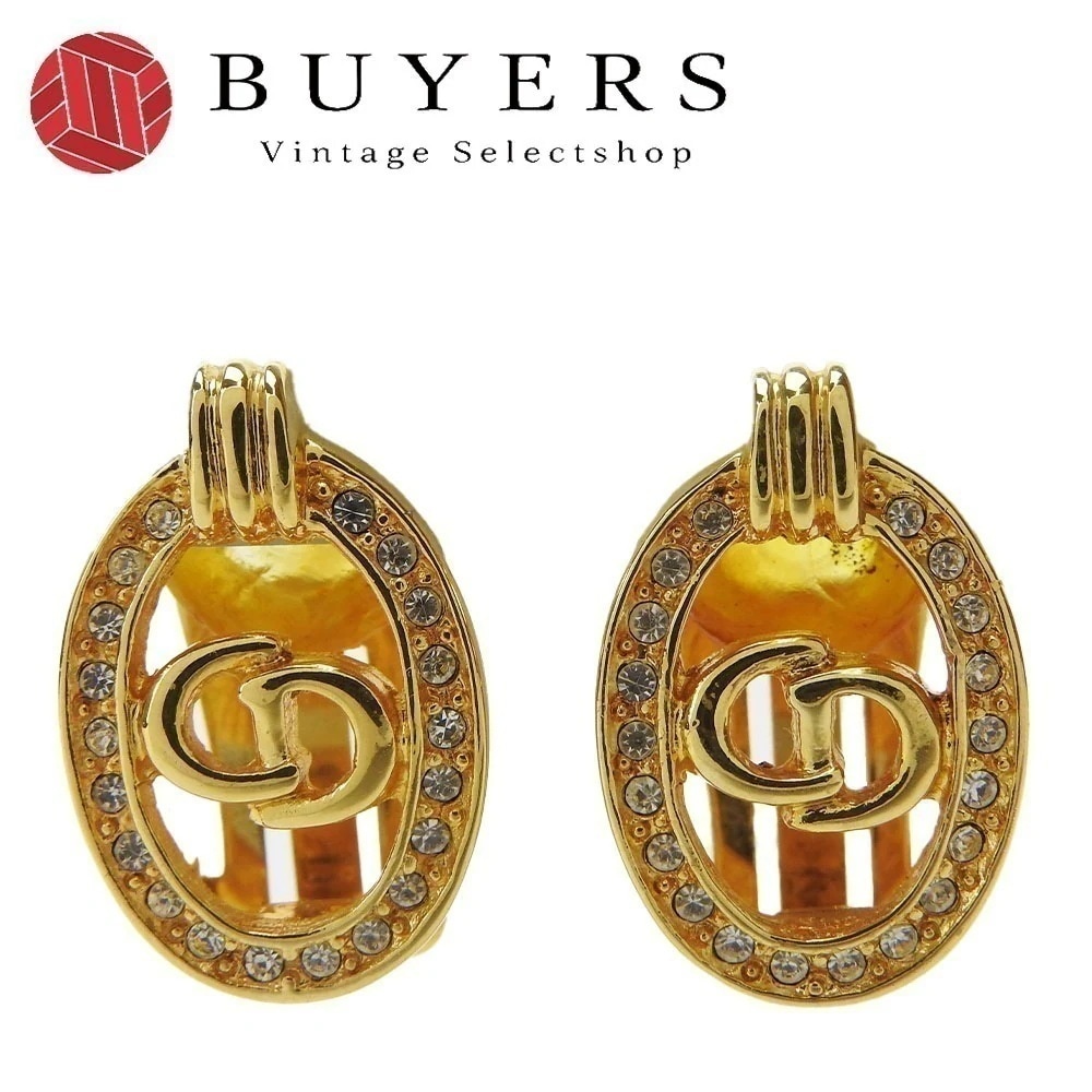 中古 クリスチャンディオール Christian Dior イヤリング ゴールド CDロゴ レディース GP メッキ ラインストーン アクセサリー 小物 上品 女性 レディース accessories