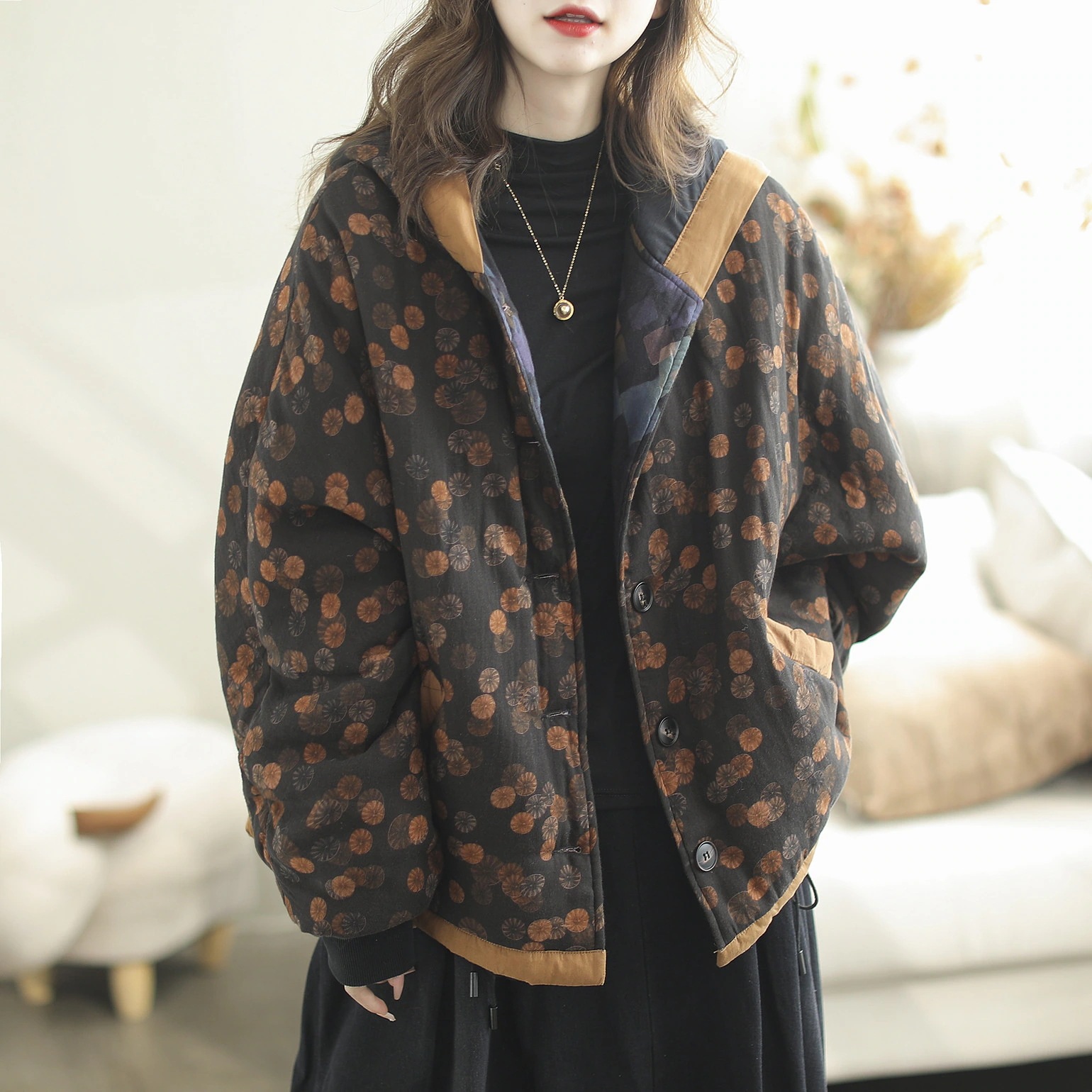 綿の女性カジュアルプリントの上今週の割引は 25% オフです着に綿の通勤ゆったりキャップの婦人コート