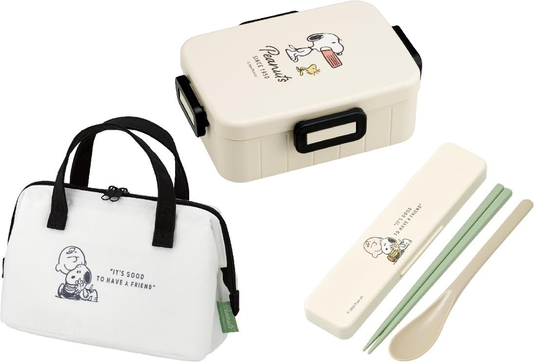 スケーター(Skater) PEANUTS バッジ 抗菌 1段 4点ロック お弁当箱 650ml コンビセット (お箸/スプーン) 保冷ランチバッグ がま口 ピーナッツ キャラクター タイト ロック