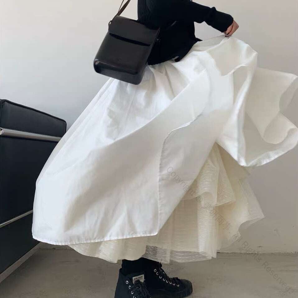 ふんわりベースチュールギャザーフレアスカート大人可愛いママコーデママファッション韓国系オルチャントレンド新作20代30代40代向けボリューム感抜群の上質素材使用の春夏秋冬対応ファッショ