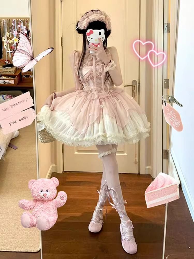 ピンクの優しいバレエ風ロリータドレスjskドレスフラワーウェディングロリータふわふわプリンセスドレスその他 ワンピース・ドレス