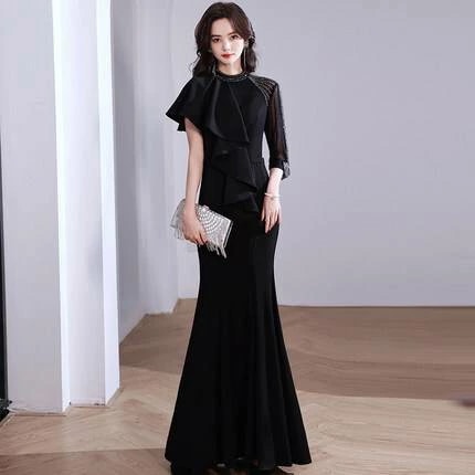 [新発売]3色 ロングがドレス パーティードレス マーメイド アシンメトリー 袖あり カッコイイ 個性的 結婚式 二次会 お呼ばれ フォーマル 演奏会 ピアノ 発表会 ドレス ワンピース 大人 かっこ