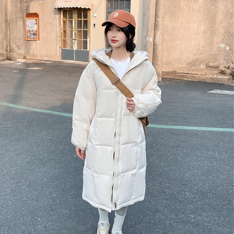 ダウンジャケット女性用2024冬韓国ファッションゆったりフード付き厚みのあるミドル丈コットンジャケット