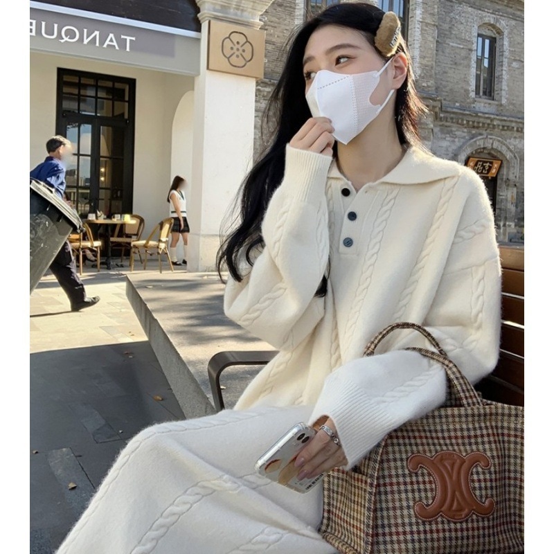 【1つ買うと10つ無料】高度なセンシングセータースカートの女性秋と冬の長さの長さの大型ヘンプウールニットドレス