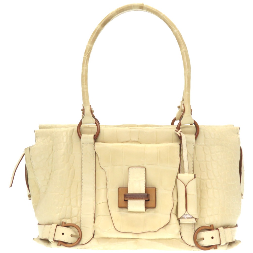 サルヴァトーレフェラガモ ウッド ガンチーニ トートバッグ AQ-21 5438 トートバッグ マットクロコ ベージュ 0044【中古】Salvatore Ferragamo レディース