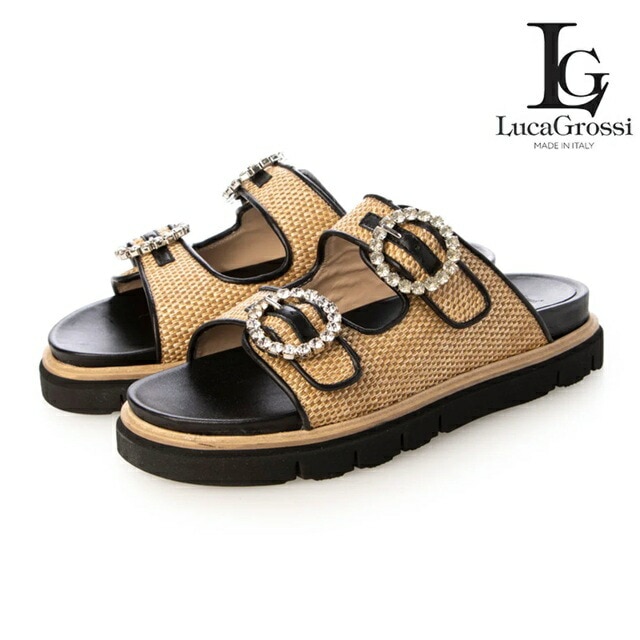 Luca Grossi ルカグロッシ サンダル レディース レザー ラフィア イタリア製 フラット 本革 ベルトサンダル 厚底 本革 ビジュー 28,350円