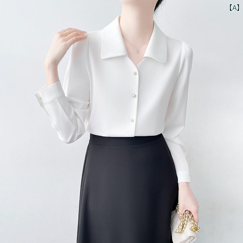 ブラウス 通勤 シャツ 白 レディース 秋冬 リクルート オフィス ビジネス シンプル トップス パールボタン シンプル 上品 フォーマル