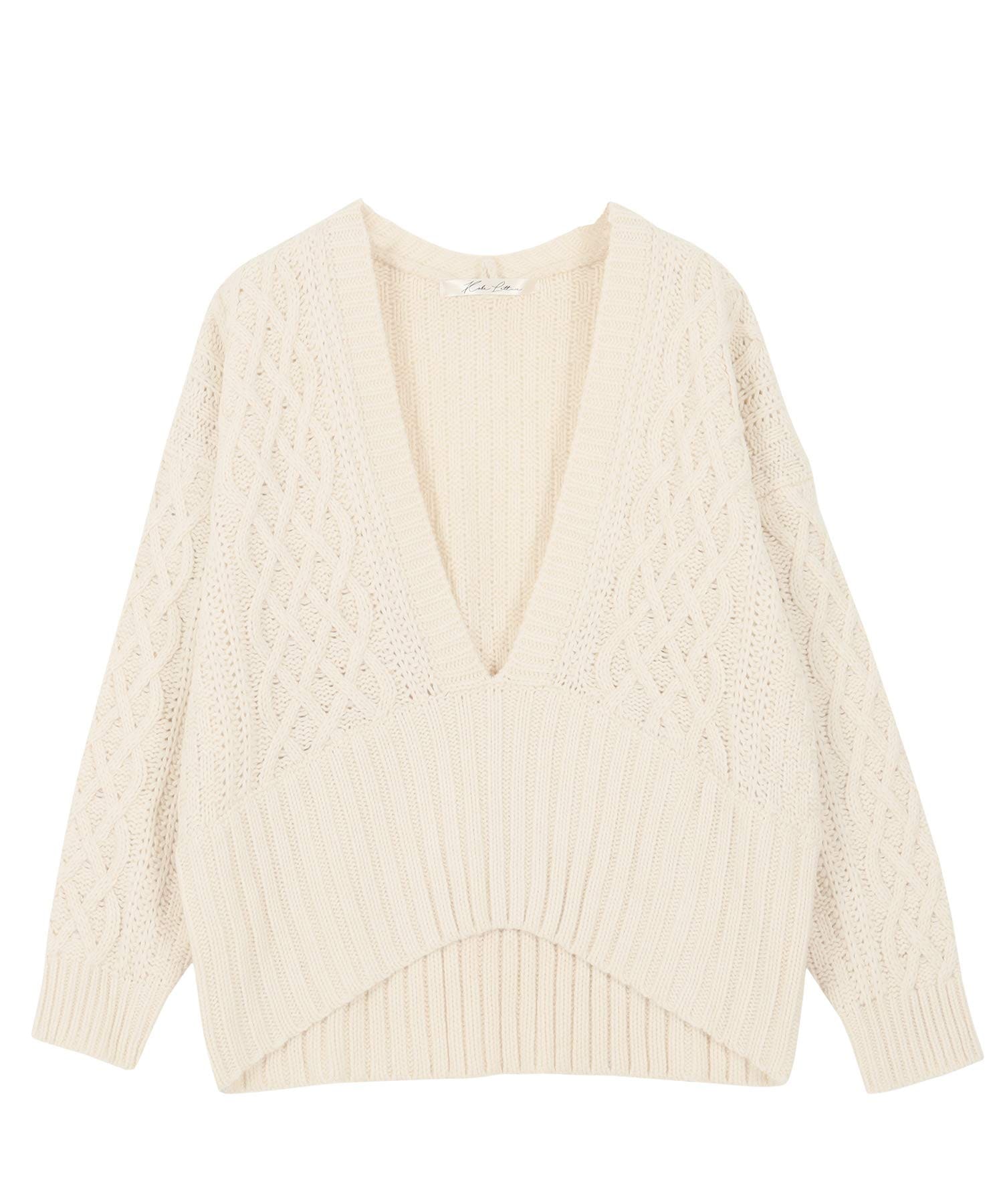 [神戸レタス] インドネシア深Vネックケーブルニットトップス [C4783] フリー アイボリー 