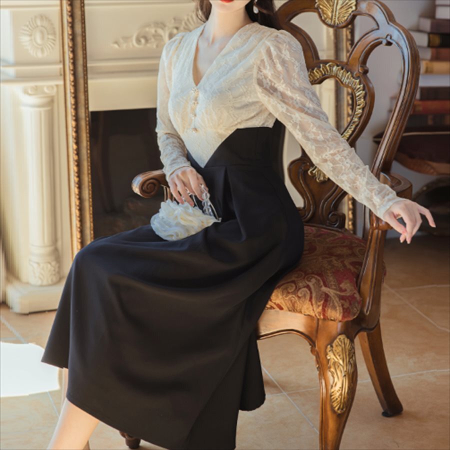 ロングドレス ドレス dress 衣装 ワンピース パーティドレス ロング ロング丈 ひざ丈 膝下 ミモレ 袖あり 長袖 Vネック Aライン フレア 切り替えデザイン ドッキング