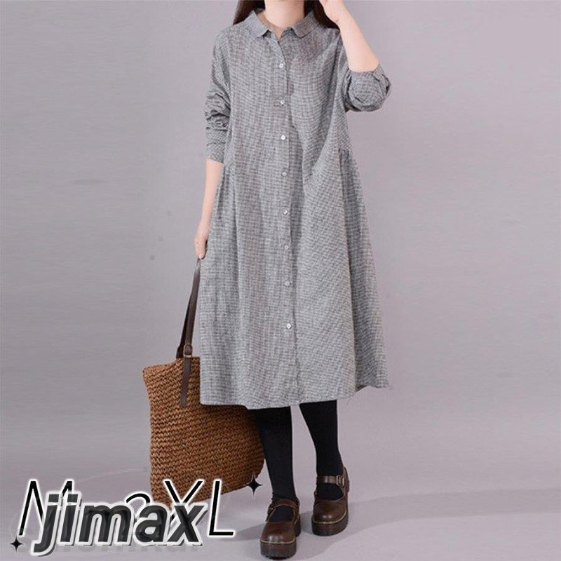 ワンピース レディース 秋 マキシシャツ 綿麻 長袖 無地 ロング 韓国風チェック タイドシャツ オシャレ 着痩せ 40代 大人 ホワイトデー プレゼント