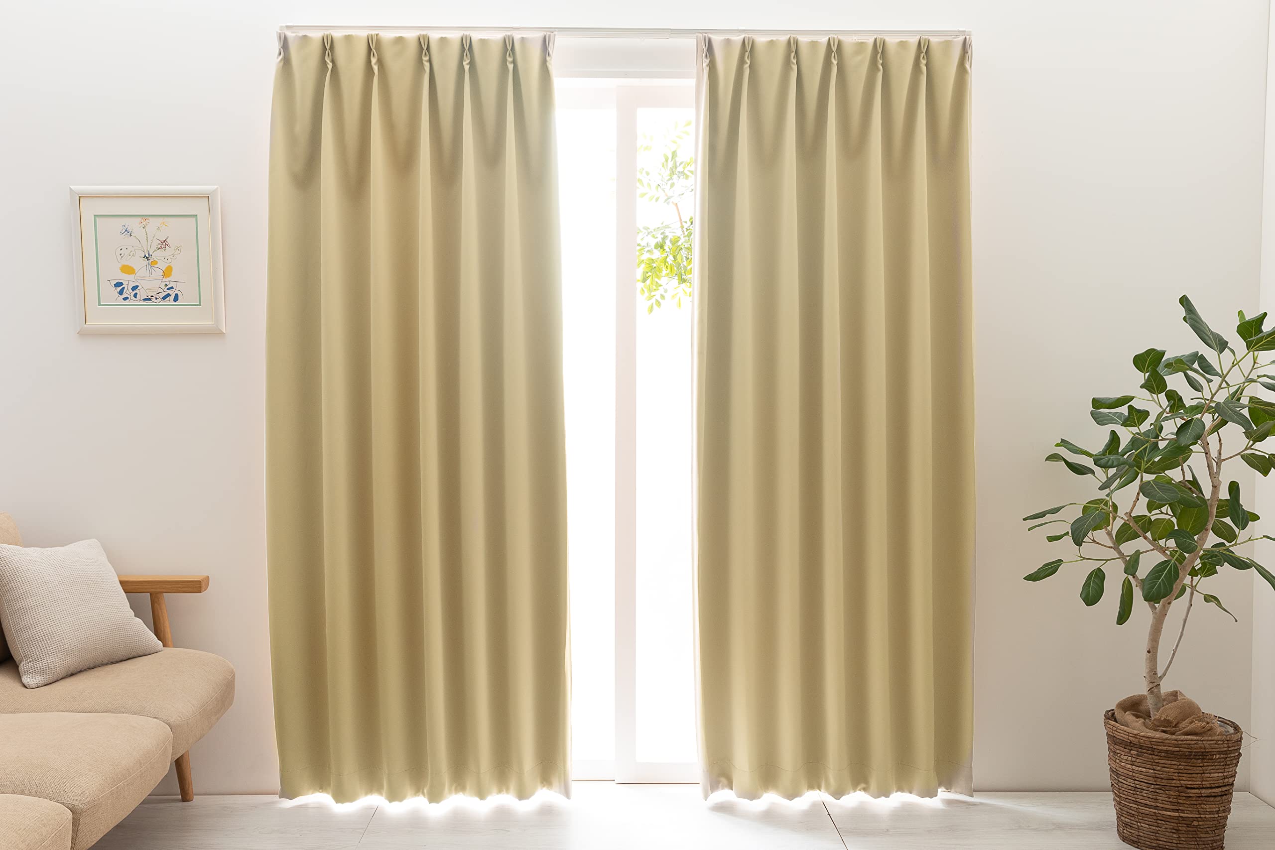 ユニベール 1級遮光 防炎 防炎ラベル付き 節電 省エネ 断熱 保温 日本製 無地 寝室 リビング カーテン 幅100cm×丈185cm 2枚 ベルーイ ベージュ