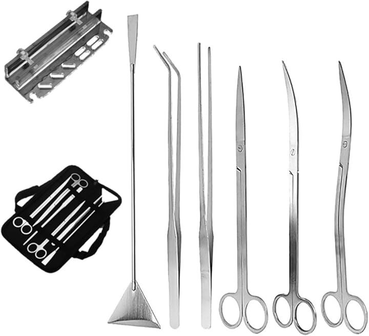 アクリル収納ラック付き 水草 トリミング 水槽 掃除 8点セット ピンセット 2本 ハサミ 3本 サンドフラッター 1本 収納バッグ付き