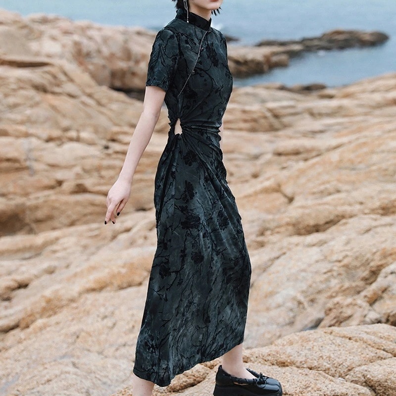 チャイナドレス ロング 半袖 レトロチャイナ風ワンピース セクシー ブルー 腰あき 金属ボタン 腰括れ ベルベット コンシールファスナー付き