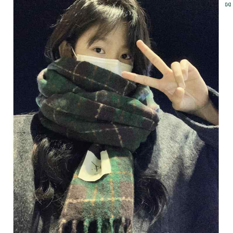 レディースファッション ファッション小物 オシャレ グリーン チェック柄 ニット スカーフ 秋冬 韓国 レトロ 厚手 暖かい 雰囲気