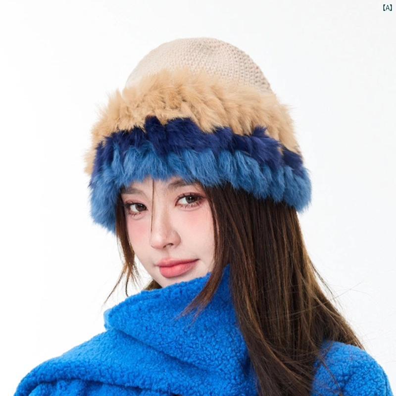 秋 冬 レディース ウサギ 毛皮 ニット 帽子 スプライシング 暖かい ウール 韓国 かわいい 耳保護 キャップ
