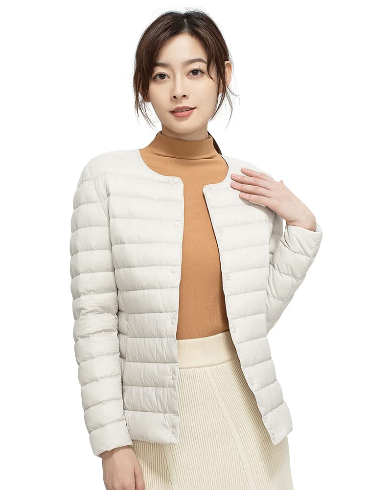 Bvaeocl ダウンジャケット レディース ノーカラー ライトダウン ウルトラライト インナージャケット 暖かい 防寒 クルーとVネックを自在に切り替える BV52 (L, ホワイト)