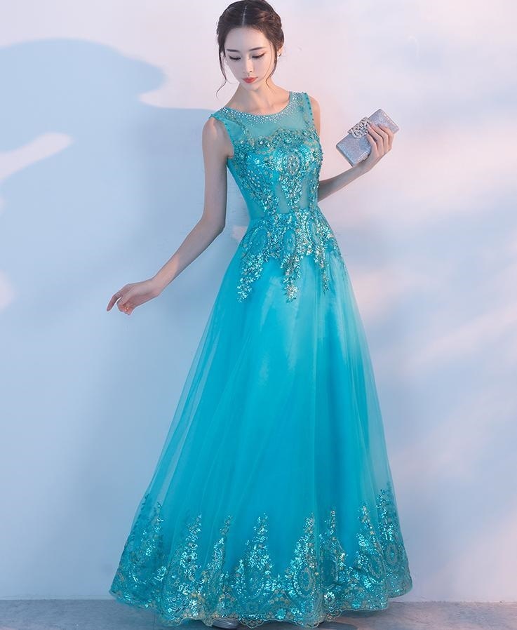 1416. ノースリーブイブニングドレス（ブルー）上品 豪華ロングドレス 結婚式 パーティードレス 演奏会 ウェディングドレス ピアノ 発表会 フォーマル二次会ドレスファスナー 2019 春夏 sal