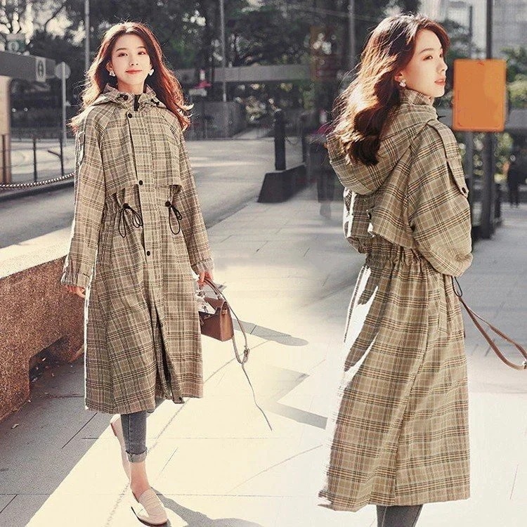 モッズコートトレンチコートレデイース秋冬アウターオシャレ韓国風きれいめチェック帽付30%までに制限