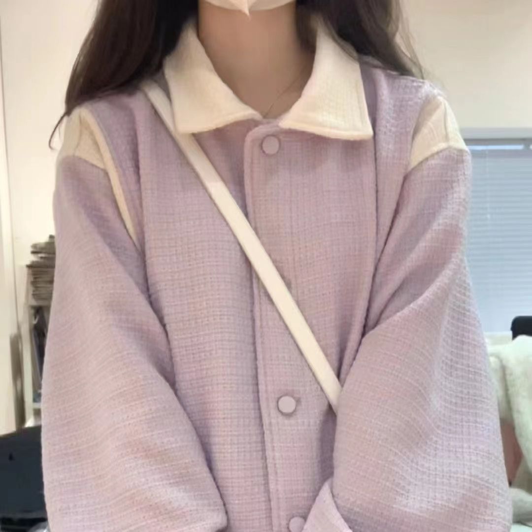 タロイモの紫がとても白い ポロカラーカーディガントレーナー女性用ins韓国風学生ルーズジャケット