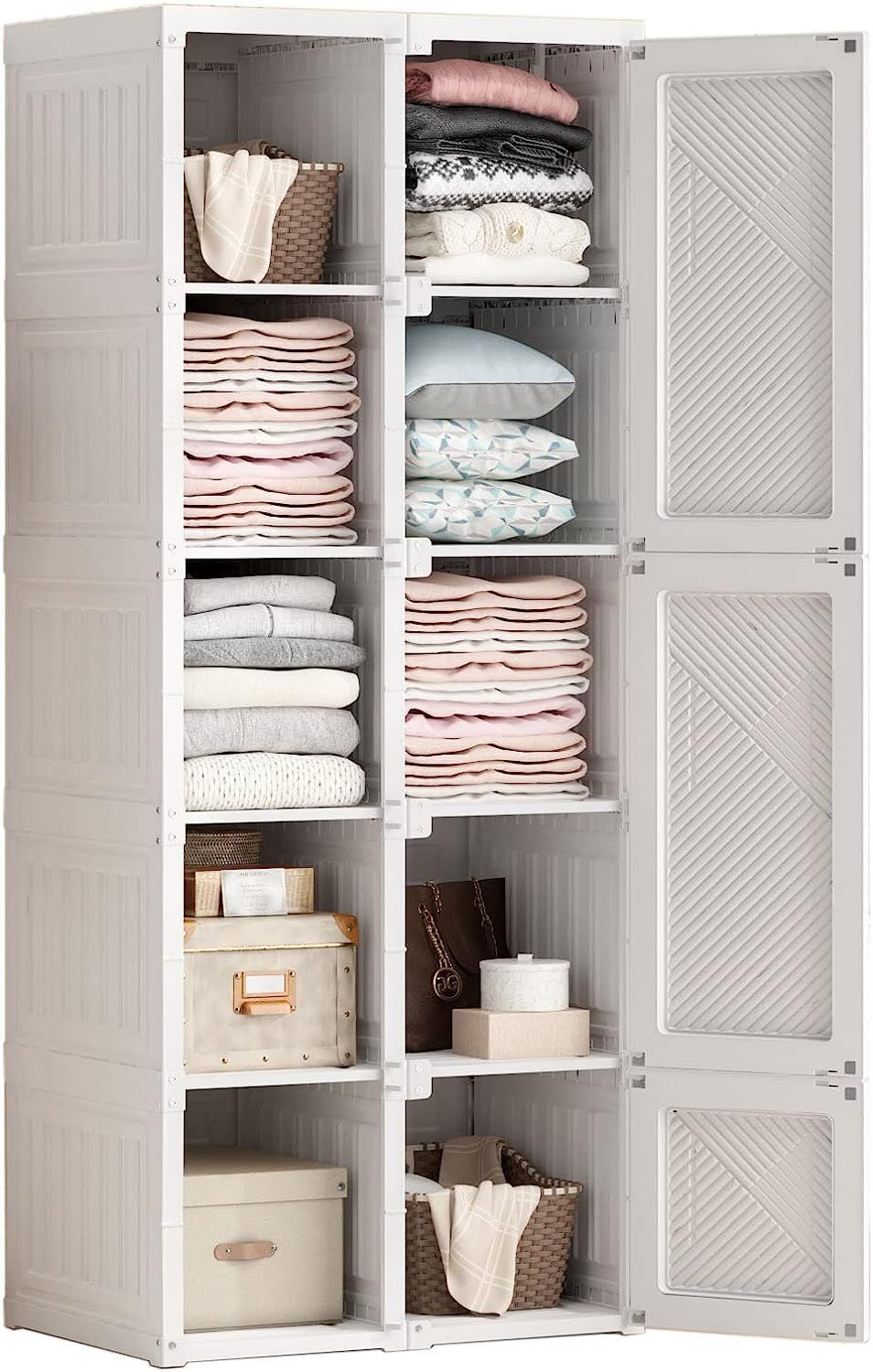 ワードローブ クローゼット 大容量 ハンガーラック シンプル収納棚 衣類ケース 一体折り畳み式 洋服収納ラック 扉付き 雑物 小物 耐荷重 省スペース 頑丈 リビング (10グリッド)