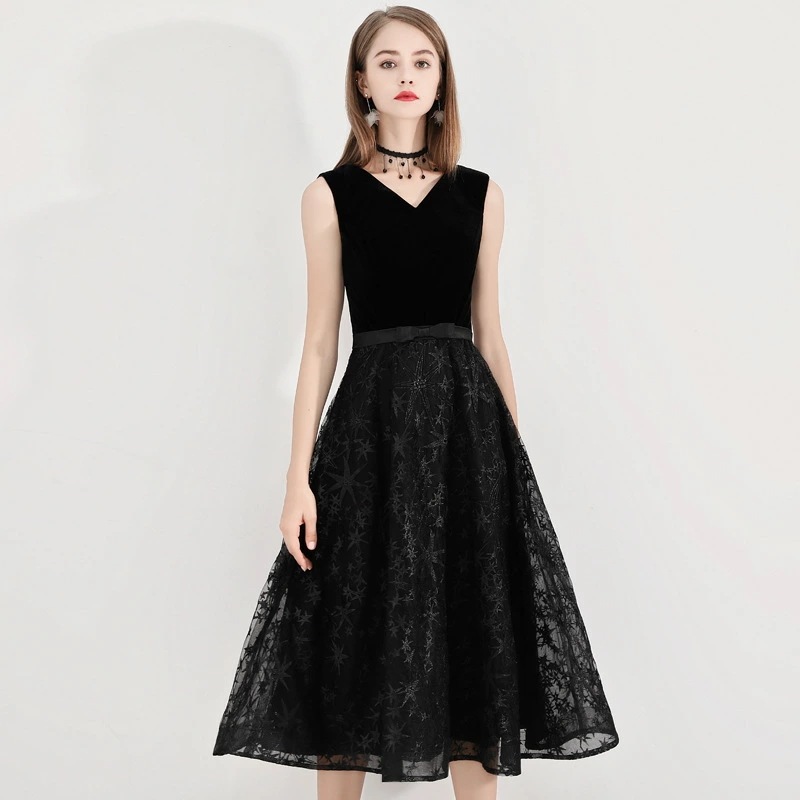 2025年新作[ブランド名] エレガント イブニングドレス ミディ丈 ブラック パーティードレス ボディシェイプ効果 結婚式/晄餐会/公式イベント対応 上品なレディースフォーマルワンピース 高級素材使