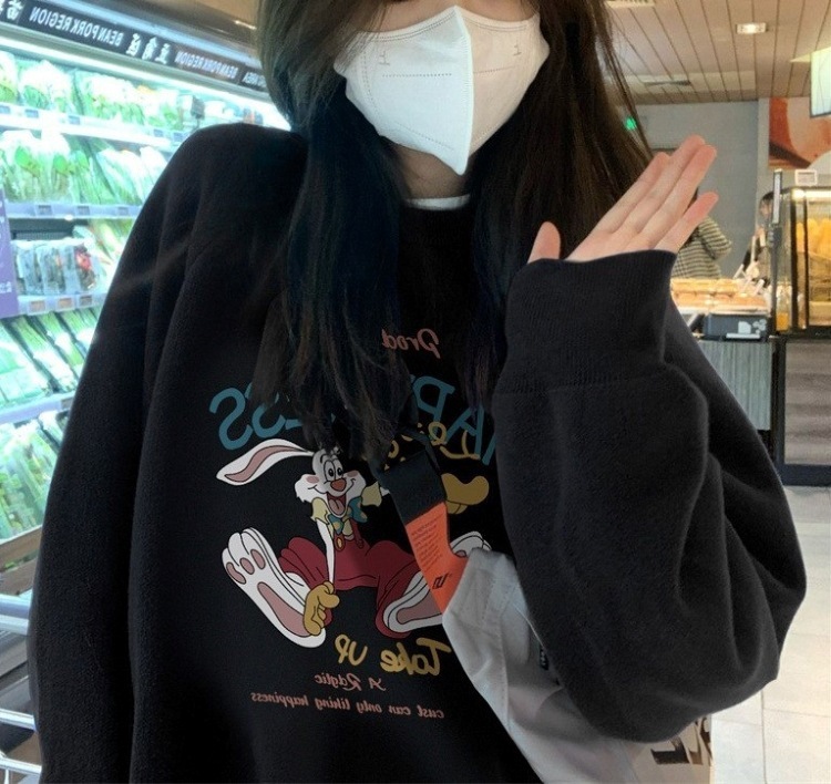 女性用バーガンディ漫画プリントスウェットシャツと薄い23緩い韓国スタイルの小さなフード付きジャケット