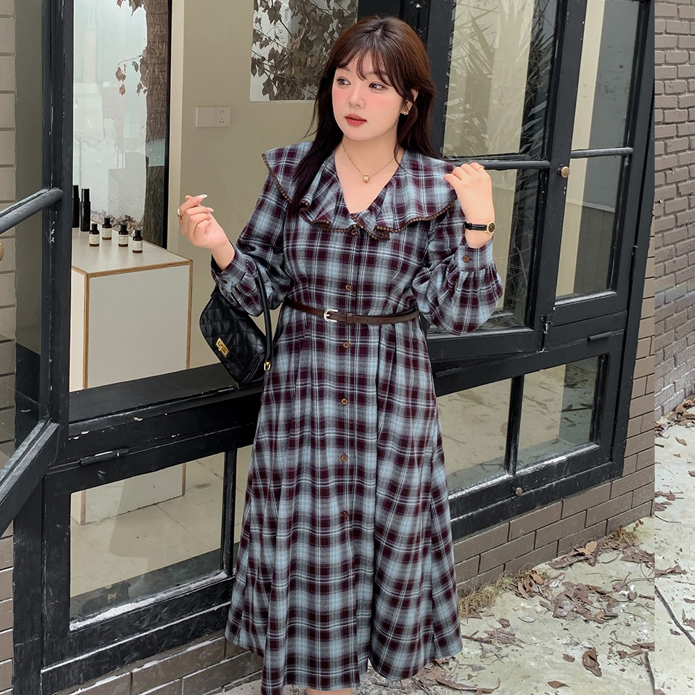 大きいサイズXXXXLワンピーススーツワンピース開襟キャンパス風チェック柄体型カバー可愛い長袖