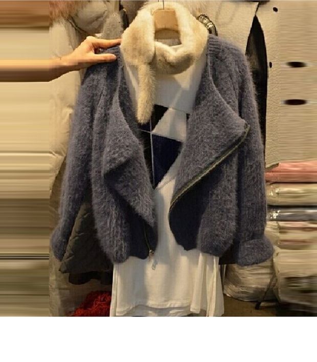 ニット レディース シャギー ライダース ジャケット 無地 秋冬 グレー おしゃれ