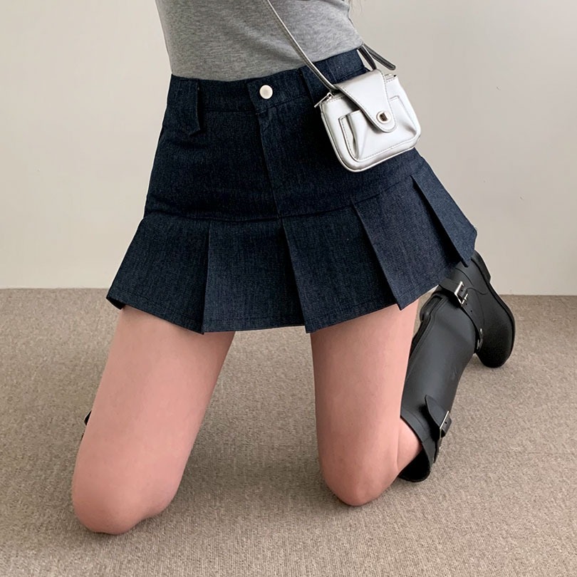 韓国の女性ファッション/ [2color/ゴムウエスト] プリーツデニムミニスカート sk1108