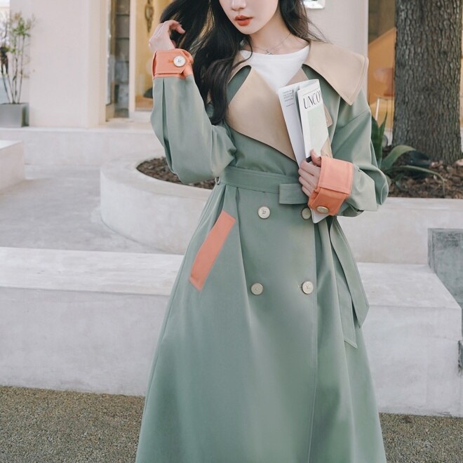 レディース アウター コート トレンチコート ひざ下 ロングコート 長袖 前開き ウエストマーク