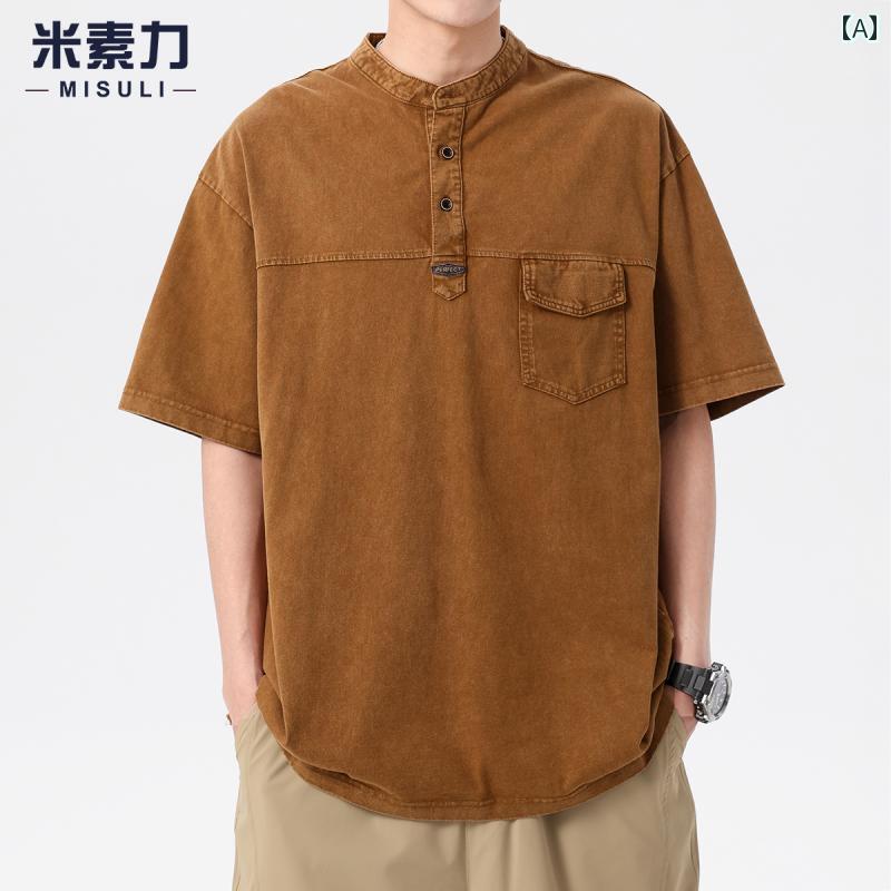 ポロシャツ 夏 Tシャツ 半袖 メンズ ヘビーウェイト アメリカン レトロ ウォッシュ加工 マルチポケット ヘンリーカラー コットン レジャー 男性用