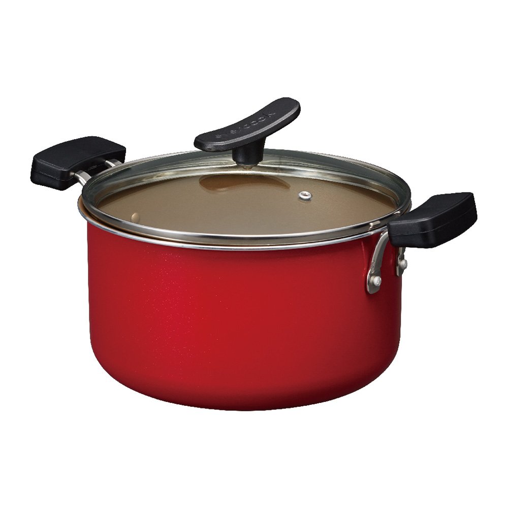 エバークック 両手鍋 22cm IH対応 レッド ガラス蓋付き ドウシシャ