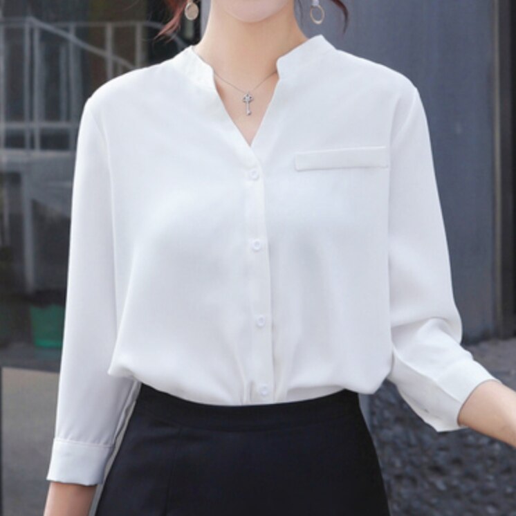 シャツ ブラウス レディース 7分袖 Vネック ノーカラー 上品 かわいい 大人可愛い きれいめ シンプル カジュアル 無地 春 秋 ママ 学生 お出かけ デート ホワイト グリーン トップス