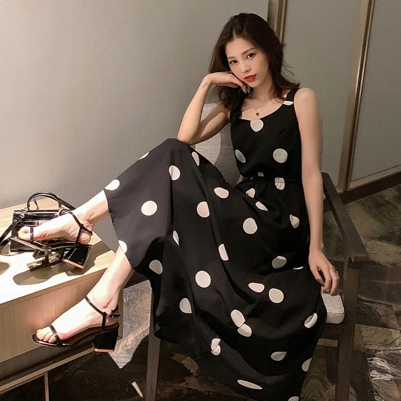 大きいサイズ ドット柄 キャミワンピース ワンピース ロング ロング丈 マキシ マキシ丈 袖なし ノースリーブ Vネック 襟なし Aライン シフォン リボン バックリボン ハイウエスト ウエストゴム