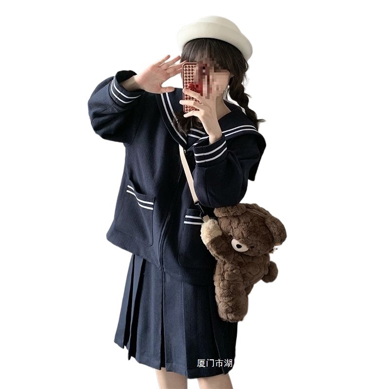 冬の新海軍アカデミー風セーラー制服ウールコートコートプリーツスカートスーツツーピーススーツ女性のための