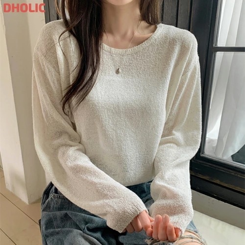 シースルーリネン混ラウンドネッククロップド長袖ニット・1931566