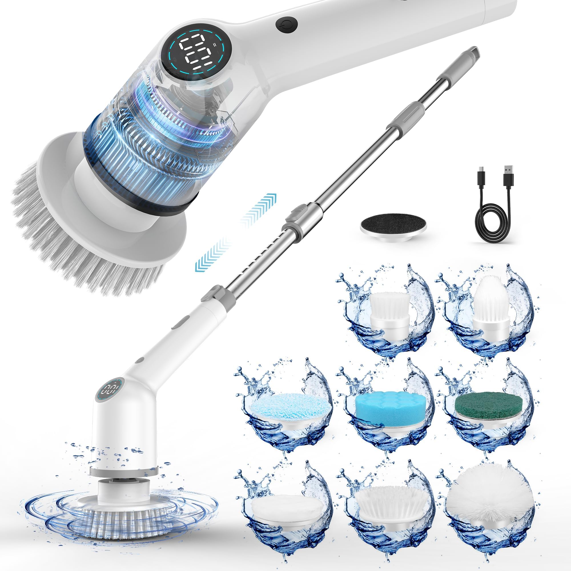 バスポリッシャー 電動お掃除ブラシ お風呂掃除ブラシ MAXTOP 8つの替えブラシ付き ３つの回転モード LEDディスプレイ 残りの電力表示機能 PSE認証取得 防水 大容量電池 120分間連続使用