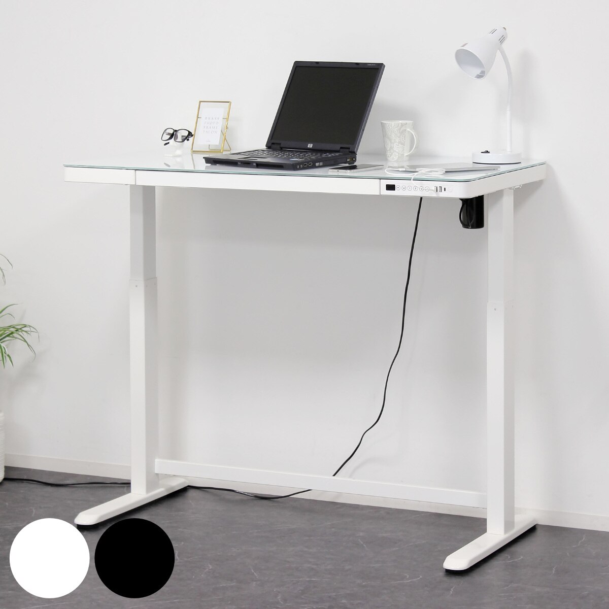 電動昇降式デスク 幅120cm メモリー機能付 ガラス天板 引き出し 電動 デスク 机 ワークデスク パソコンデスク スタンディングデスク 高さ調節 衝突防止 USBポート 充電 シンプル 白