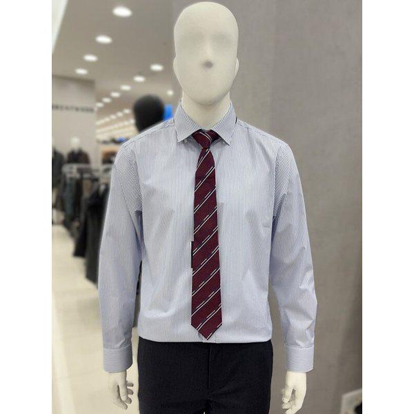 メンズ 四季 ブルー ストライプ しわになりにくい コットン混紡 襟元隠しボタン カジュアル シャツ ワイシャツ