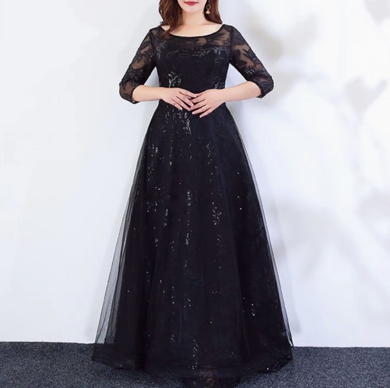 ドレス ワンピース パーティー 披露宴 演奏会 発表会 ステージ 舞台 フォーマル 衣装 演劇 ロング マキシ 7分袖 ボートネック フレア Aライン カクテル イブニング カジュアル レース 刺繍