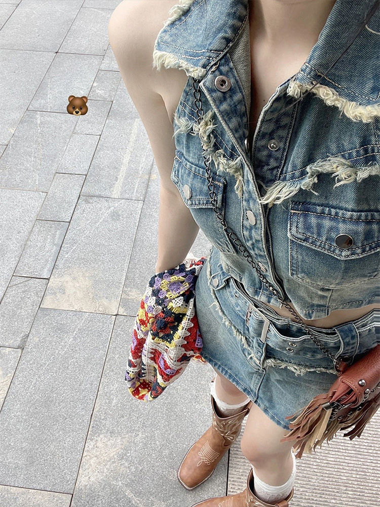 セットアップ 上下セットアップ アメリカンヴィンテージデニムスーツ ファッションウェア セクシー ベスト ショートスカート 2点セット