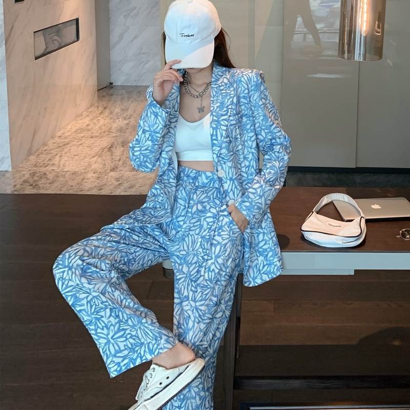 【新作】セットアップ ジャケット パンツ レディース 上下セット ツーピース 秋 柄 花柄 ブルー 長袖 襟付き ボタン シングルブレスト ポケット カジュアル レトロ ウエスタンスタイル シック ス